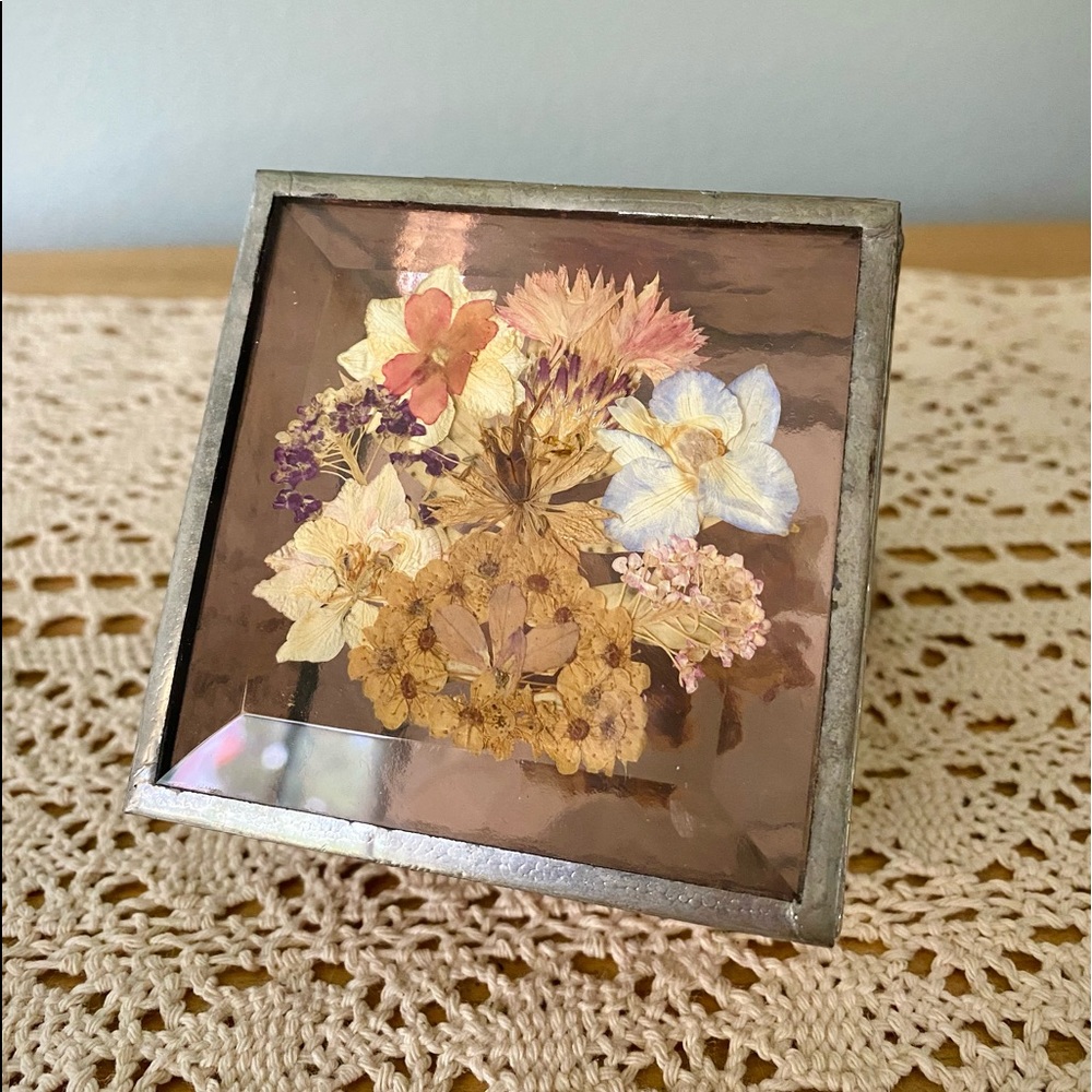 Leaded Glass Purple Floral Trinket Box